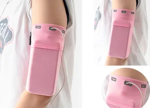 Pink sports phone armband for running and fitness, featuring breathable fabric and headphone cable holes.