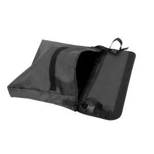 Closeup of black nylon storage bag detail, durable fabric and secure buckle strap.
