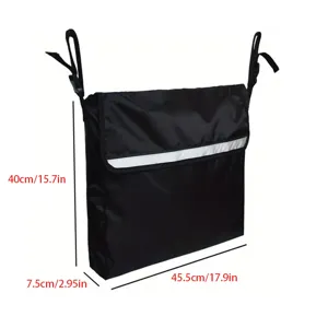 Black waterproof wheelchair storage bag with hanging straps and reflective safety strip for travel.