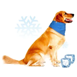 Detail view of the blue mesh cooling pet bandana worn by a dog, showing breathable fabric.