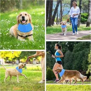 Pet cooling bandana detail view, breathable mesh fabric in bright blue color for summer.