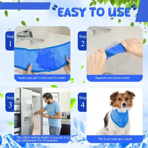 Cooling pet scarf detail showing 4 easy steps: soak in water, squeeze, chill, and wear.