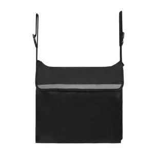 Black wheelchair storage bag with hanging straps and reflective safety strip for easy daily use.