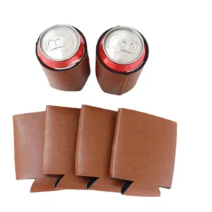 Ensemble de manches de canette de biere en cuir PU marron, etuis de bouteille portables.
