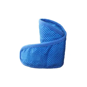 Detailed view of the blue breathable mesh pet cooling collar with adjustable velcro strap.