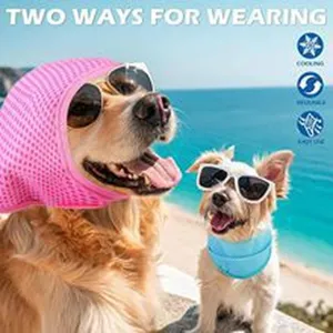 Pet cooling hat and neck wrap set, breathable mesh summer dog accessories for outdoor beach.