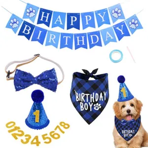 Set cappello bandana festa compleanno cane gatto blu con banner numeri brillanti