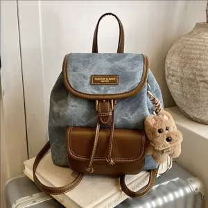 Damen Casual Canvas PU Leder Patchwork Rucksack Vintage Schule Reise Büchertasche Tagesrucksack Mit Optionalem Süßen Bären-Anhänger