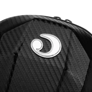 Black carbon fiber motorcycle leg bag detail shot, waterproof tactical riding waist pack.