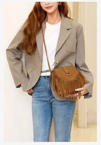 Bohemian fringe crossbody bag for women retro brown shoulder bag casual commuting daily use