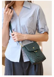 Peacock green retro print mini phone crossbody bag, stylish lightweight shoulder bag for women.