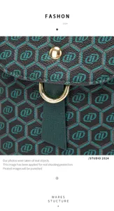 Close-up of retro geometric print mini shoulder bag teal and black with gold hardware.