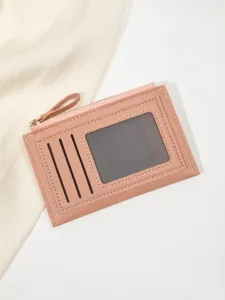 Minimalist women short wallet, pink PU leather mini card holder with zipper pocket and ID window.