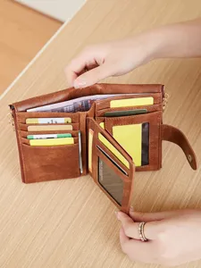 Brown PU leather tri-fold women wallet with card slots, ID window and dual zippers.