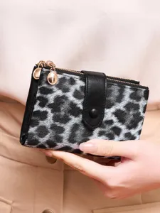 Women short trifold wallet leopard print double zipper coin purse detail view premium quality