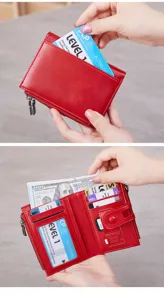 Red women short wallet with double zipper coin purse and multiple card slots compact design.