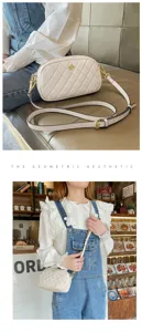 Chic mini quilted crossbody bag for women, stylish beige PU leather shoulder bag.