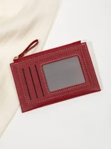 Minimalist red leather card holder with zipper pocket, multi-card slots and ID window.