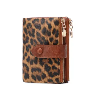 Women leopard print short wallet tri-fold design with dual zippers and snap closure