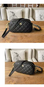 Black quilted leather crossbody bag with chic camellia flower hardware and shoulder strap.