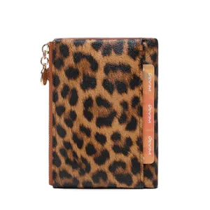 Stylish women short wallet with classic leopard print, compact design, zipper and card slots.