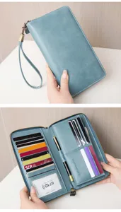 Damen lange RFID Geldbörse Vintage Reißverschluss Portemonnaie mit Handschlaufe und Stifthalter.