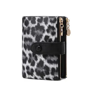 Detailed view of women short trifold wallet black white leopard print double zipper purse