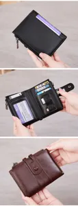 Detail view of RFID blocking women short wallet with double zipper, snap buckle and multiple card slots.