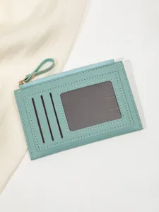 Mint green women card holder wallet slim mini zipper coin purse multi card slots ID window