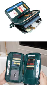 Dark green double zipper long wallet with multi card slots, pen holder and phone pocket.