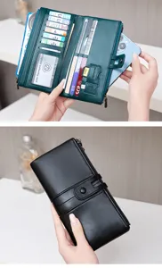 Detailed view of women's multi-functional long wallet with card slots and dual zippers.