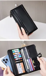 Black double zipper long women wallet with RFID blocking, multiple card slots and phone pocket.