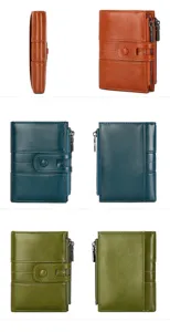 Multi-angle details of retro short women wallet with snap button and dual zippers in colors.