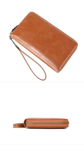 Retro RFID Damen Geldbörse lang mit Reißverschluss, Handschlaufe und Kartenfächern.