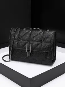 Women Fashion Quilted Chain Shoulder Bag PU Leather Crossbody Bag Casual Daily Satchel Handbag Black