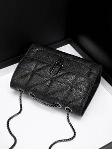 Black quilted chain shoulder bag for women, elegant luxury style messenger crossbody bag.