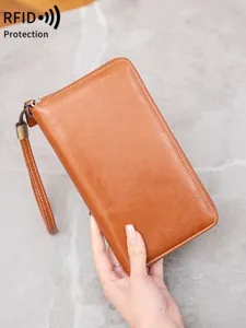 Damen RFID Blockierende Lange Geldbörse Vintage PU Leder Reißverschluss Clutch Tasche Mehrere Kartenfächer Handgelenk Handtasche Große Kapazität Portemonnaie