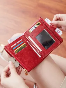 Women red short trifold PU leather wallet with double zipper and card slots ID window