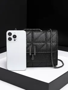 Black quilted chain shoulder bag with metal lock, chic crossbody bag for women daily wear