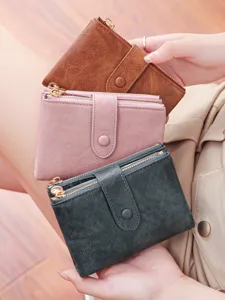 Women short tri-fold wallet with double zipper coin pocket, multi-color PU leather purse.