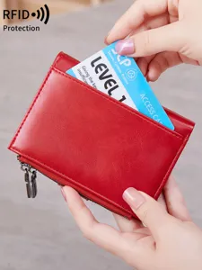 RFID blocking women short red wallet with double zipper and card slot vintage design main