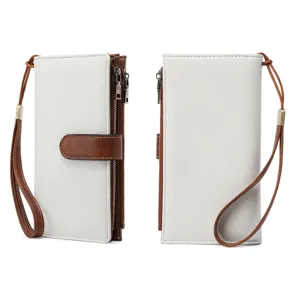 Women long wallet trifold clutch wristlet purse detail view showing zipper pockets and design.