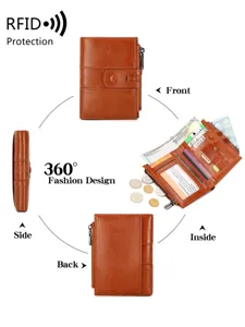 RFID blocking vintage leather women wallet short double zipper coin purse card holder.