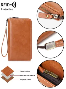 RFID Schutz Damen Geldbörse lang Vintage Reißverschluss Portemonnaie mit Handschlaufe.