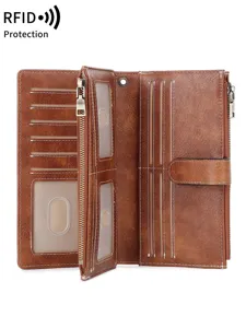 Brown PU leather trifold long wallet interior detail showing multiple card slots and secure zipper pocket.