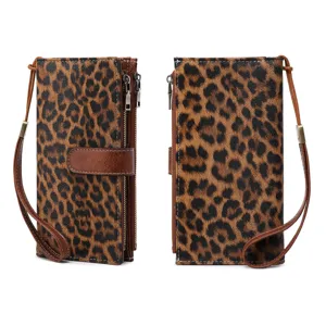 Leopard print long women's wallet with double zippers, wrist strap, and large capacity.