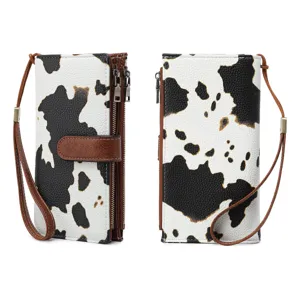 Women cow print trifold long wallet clutch with wrist strap, spacious multi card slots design.