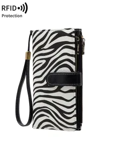 Women's zebra print long wallet rfid blocking PU leather clutch purse with wrist strap