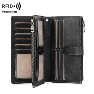 Women RFID blocking tri-fold long wallet black PU leather multi-card clutch purse