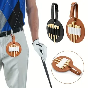Portable golf tee leather holder detail, round PU pouch showing tee storage and belt wear.